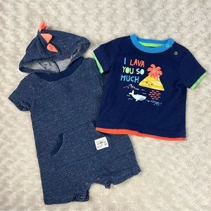 Carter’s Hooded Dinosaur Romper Cat & Jack I Lava You Shirt Bundle